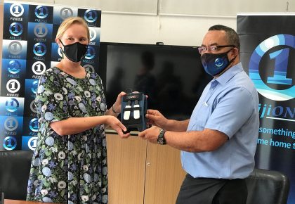 Handover of LiveU gear for FijiTV with Charlotte Darlow and Sitiveni Halofaki