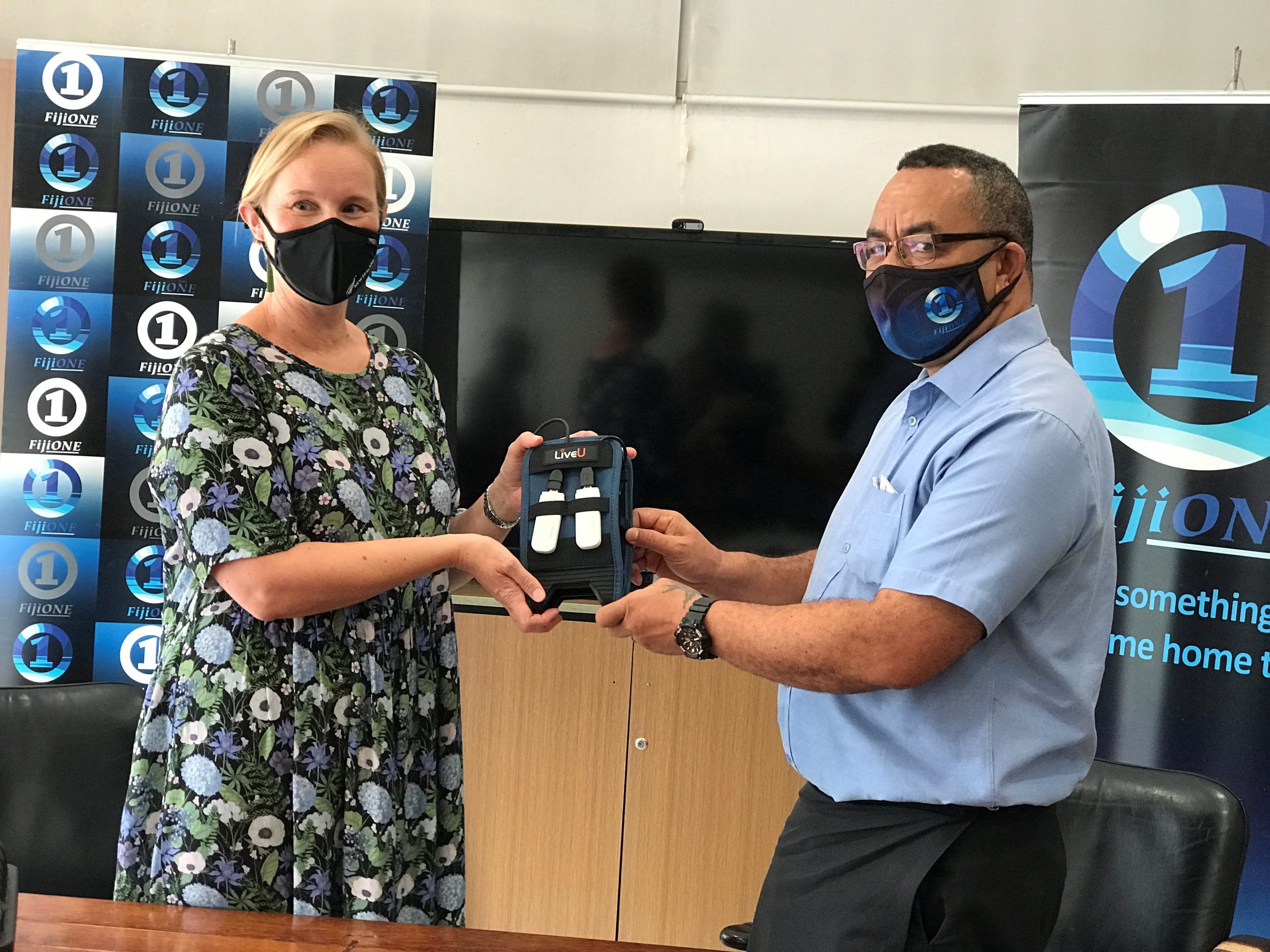 Handover of LiveU gear for FijiTV with Charlotte Darlow and Sitiveni Halofaki