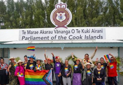 Cook Islands rainbow communities celebrating outside parliament after homosexuality was decriminalised on Friday. Photo: Apa Temata