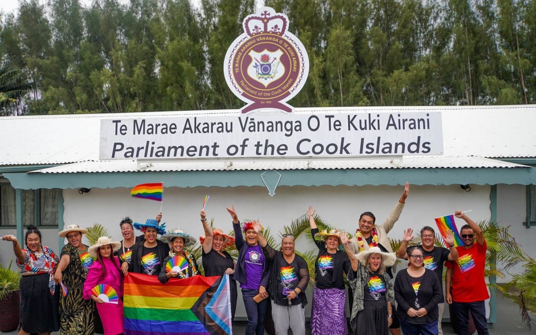 Cook Islands rainbow communities celebrating outside parliament after homosexuality was decriminalised on Friday. Photo: Apa Temata