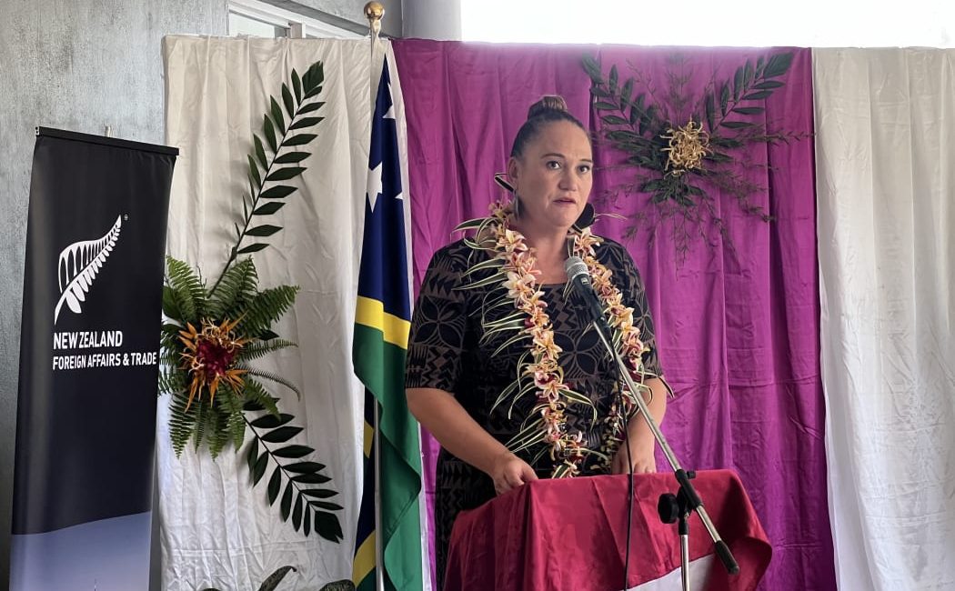 Carmel Sepuloni at a press conference in Honiara on Monday.