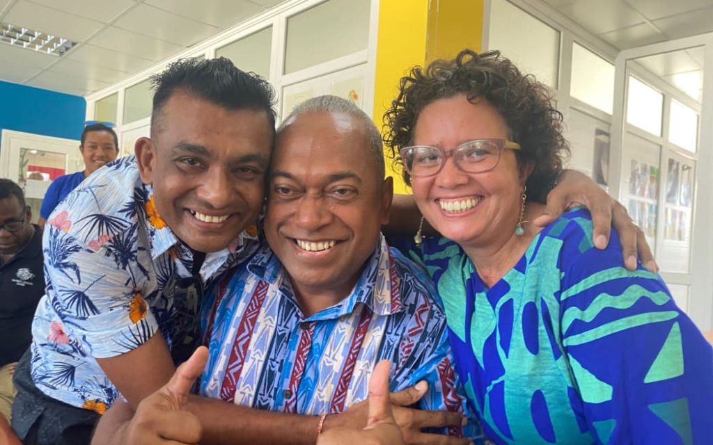 Rakesh Kumar, left, Fred Wesley, middle, from The Fiji Times, and Samantha Magick from Islands Business. Photo: RNZ Pacific / Lydia Lewis