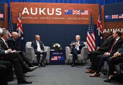US President Joe Biden (R) meets with Australian Prime Minister Anthony Albanese (L) during the AUKUS summit at Naval Base Point Loma in San Diego California on March 13, 2023. - AUKUS is a trilateral security pact announced on September 15, 2021, for the Indo-Pacific region. (Photo by Jim WATSON / AFP)