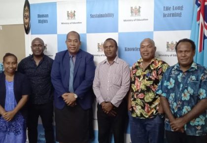 MEHRD Improvem EMIS team DS Coldrine Kolae Judith Aefi John Liliu Ali Kiko and Peter Suiramo with Fiji MoE Acting PS Timoci Bure and IT Manager Sandeep Singh [Source: SIBC Online]