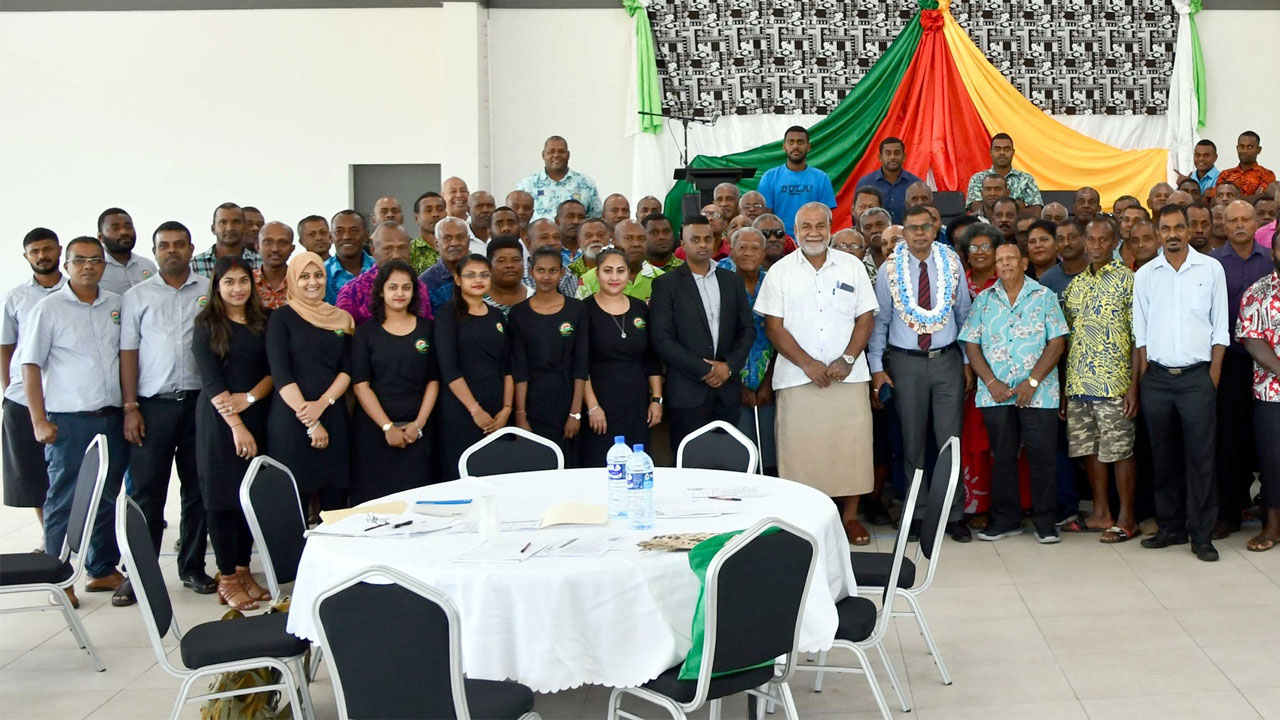 Minister for Finance, Professor Biman Prasad with the Dairy industry stakeholders taking part in a Fiji Cooperative Dairy Company Limited workshop [Source: Fiji Government/Facebook]