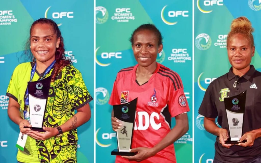 Individual winners, from left, Edsy Matao (AS Academy Féminine), Marie Kaipu (Hekari United), and Sylvester Maenu’u (Koloale FC) Photo: OFC Media via Phototek