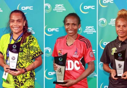 Individual winners, from left, Edsy Matao (AS Academy Féminine), Marie Kaipu (Hekari United), and Sylvester Maenu’u (Koloale FC) Photo: OFC Media via Phototek