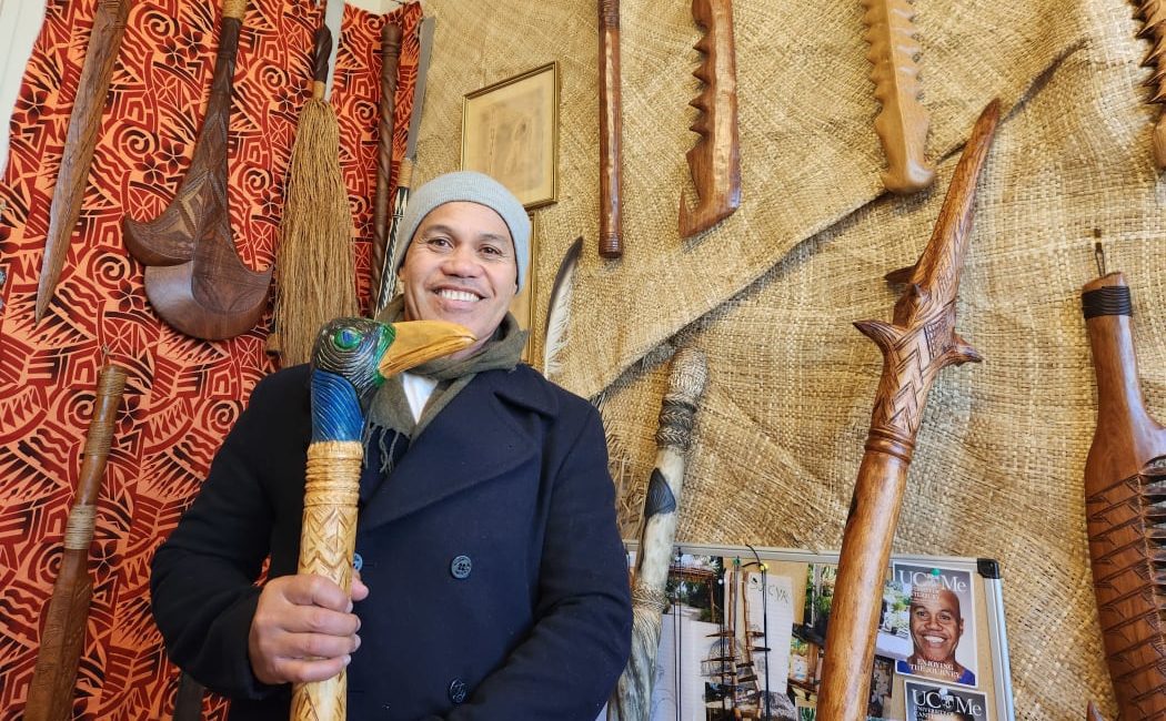 South Island Samoan carver Amosa Tualamali'i inside his workshop at Fibre Gallery. Photo: Supplied