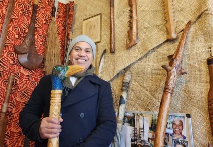 South Island Samoan carver Amosa Tualamali'i inside his workshop at Fibre Gallery. Photo: Supplied