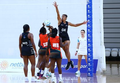The Fiji Pearls (black kit) against the Malawi Queens on the Gold Coast earlier this year. Photo: Netball Australia